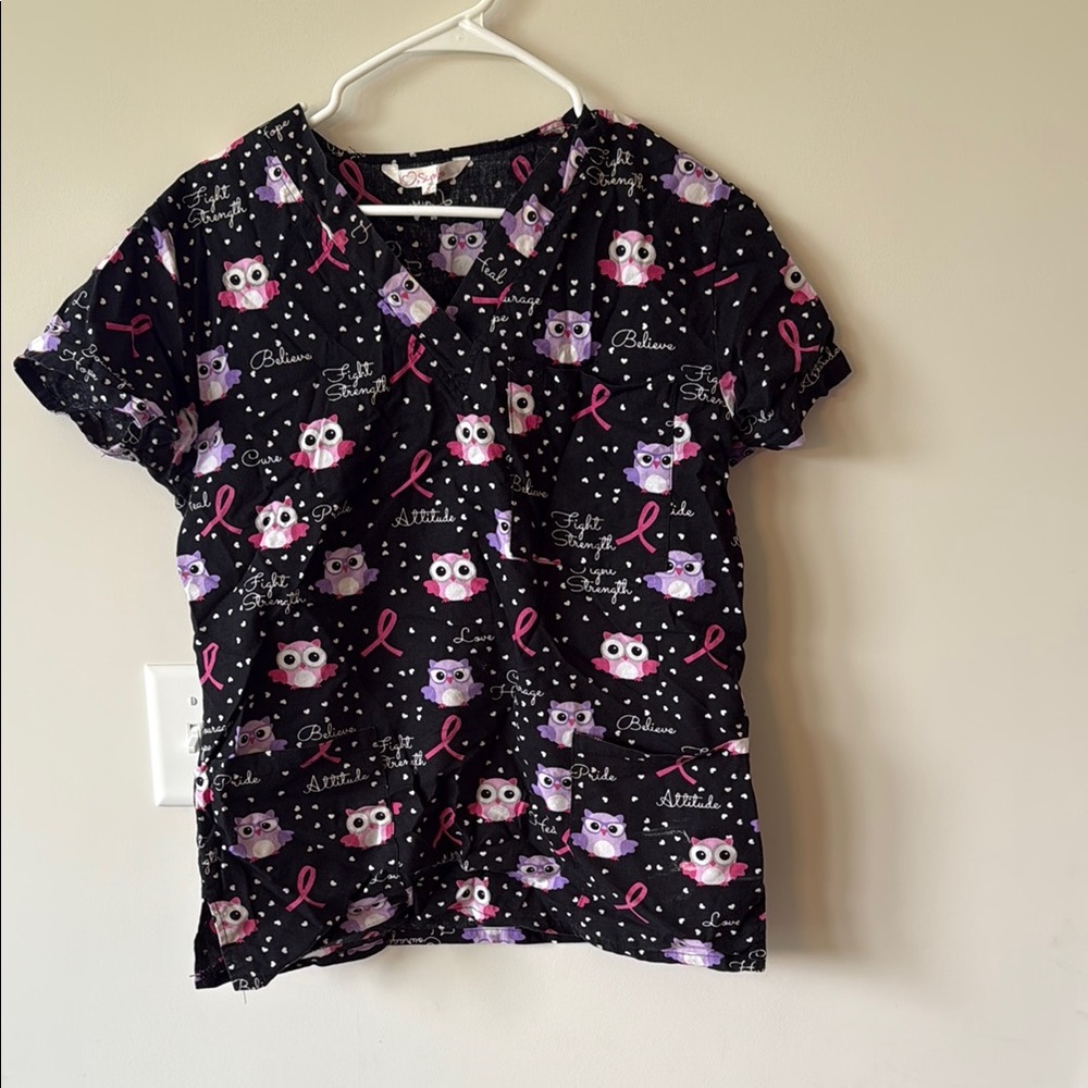 Black Owl Print Scrub Top
